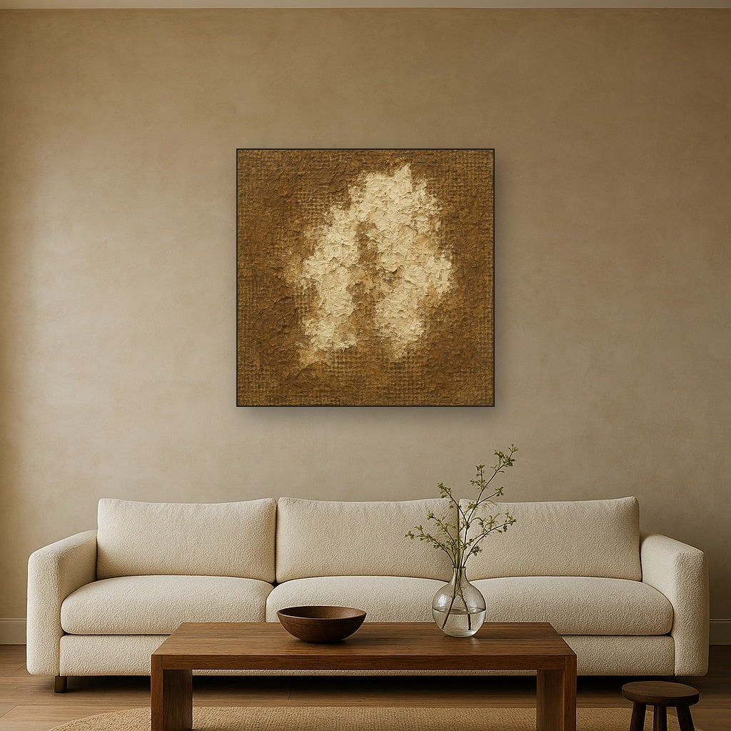 Aged Linen & Burlap Weave Earthy Oil Painting - Styled in Modern Living Room