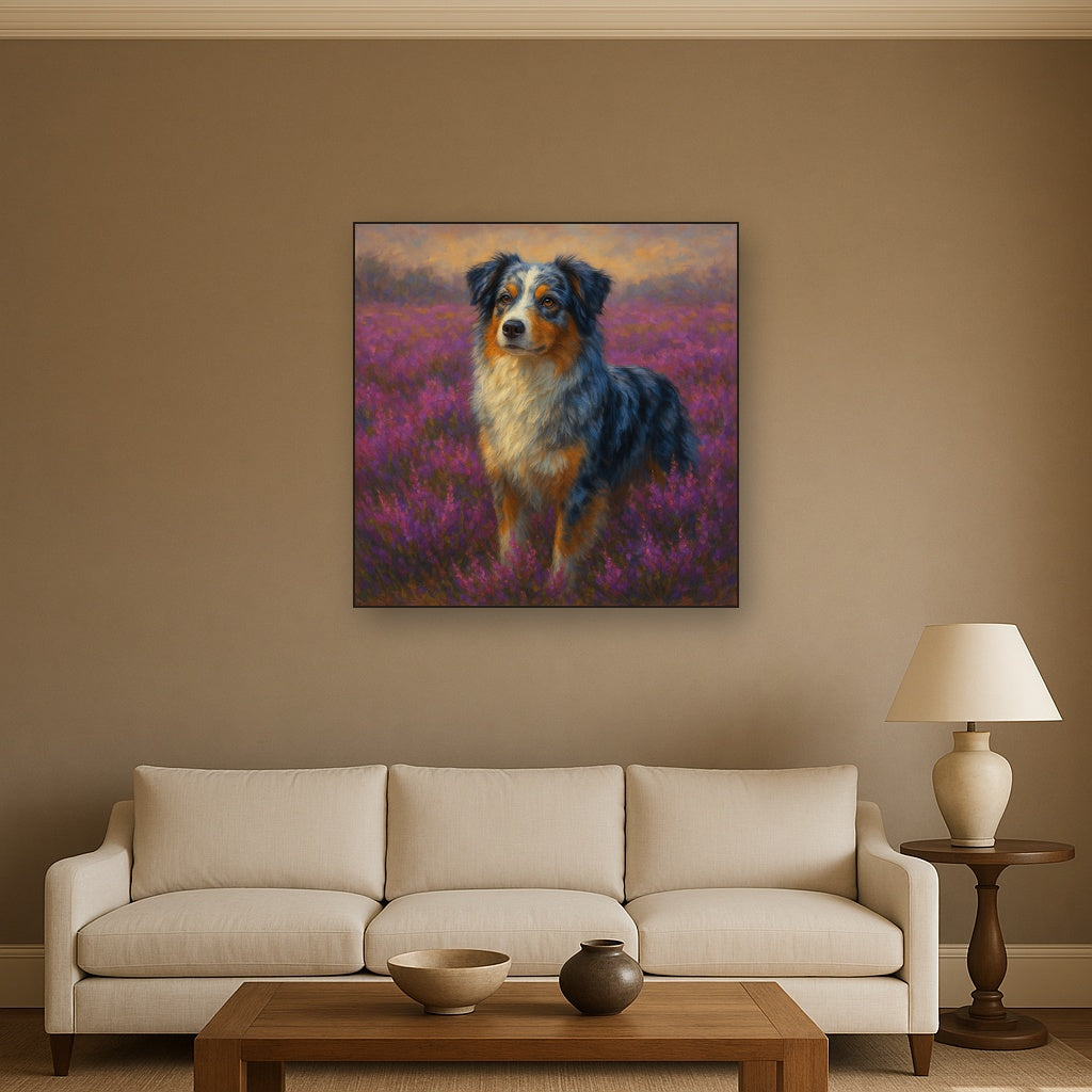Australian Shepherd in Blooming Heather Field Fine Art Oil Painting - View 2
