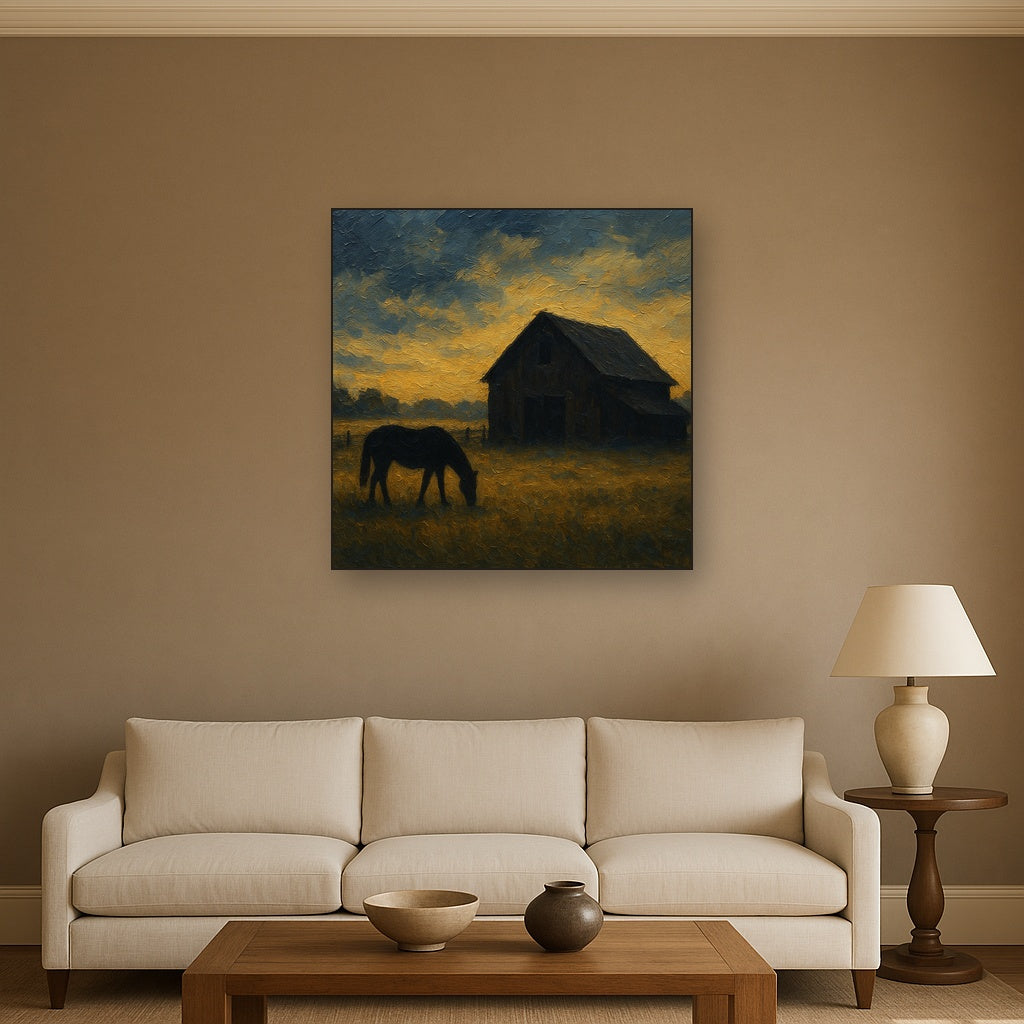 Rustic Equestrian Stable Silhouette No. 2 Oil Painting - Styled in Modern Living Room