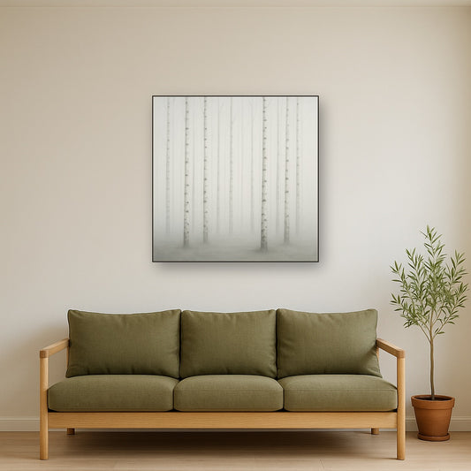 Pale Birch Woodland Silhouette in Whiteout No. 18 Oil Painting Staged Above Sectional Sofa in Living Room, Hand Painted Canvas Wall Art for Home Decor
