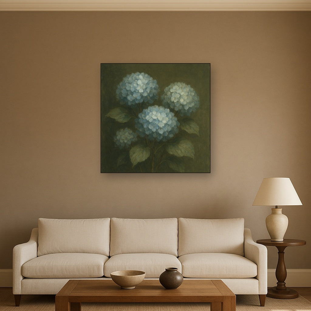 Hydrangea Trio in Dusty Blue & Antiqued Sage No. 4 Fine Art Oil Painting - View 2