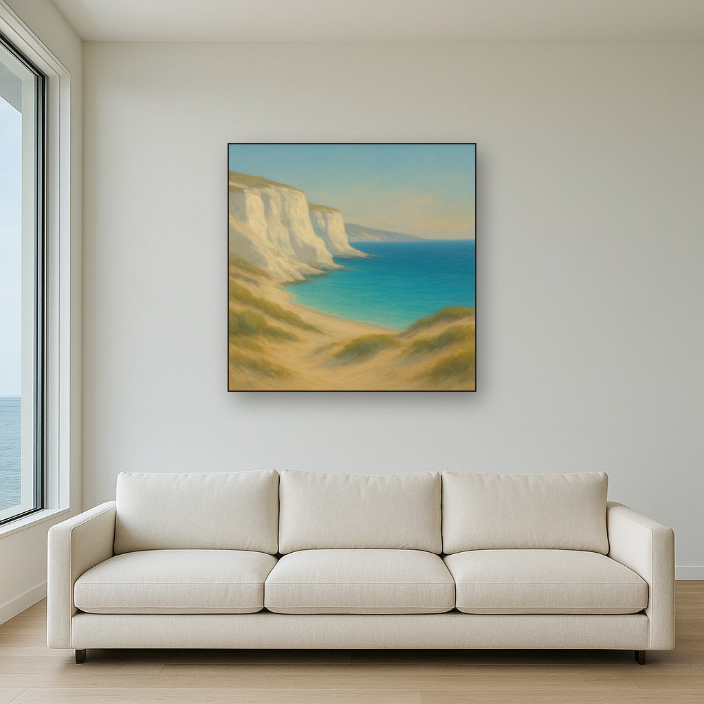 Mediterranean White Cliffs & Turquoise Cove No. 15 Oil Painting Staged Above Sectional Sofa in Living Room, Hand Painted Canvas Wall Art for Home Decor