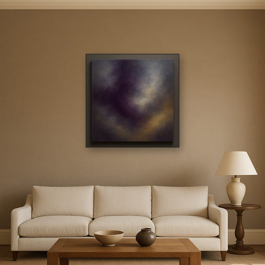 Gilded Plum & Soft Smoke Cloud Harmony No. 17 Oil Painting Staged Above Sectional Sofa in Living Room, Hand Painted Canvas Wall Art for Home Decor
