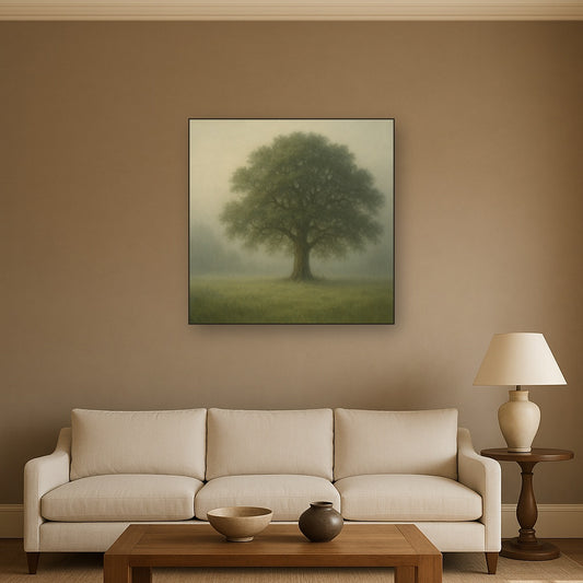 Ancient Solitary Oak in Morning Fog No. 8 Oil Painting Staged Above Sectional Sofa in Living Room, Hand Painted Canvas Wall Art for Home Decor