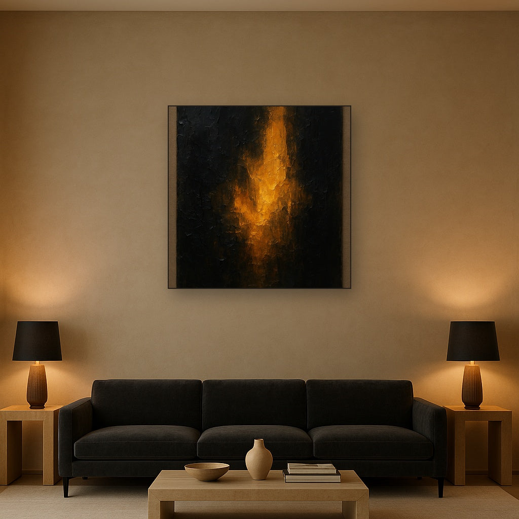 Amber & Obsidian Modern Abstract Oil Painting - Styled in Modern Living Room