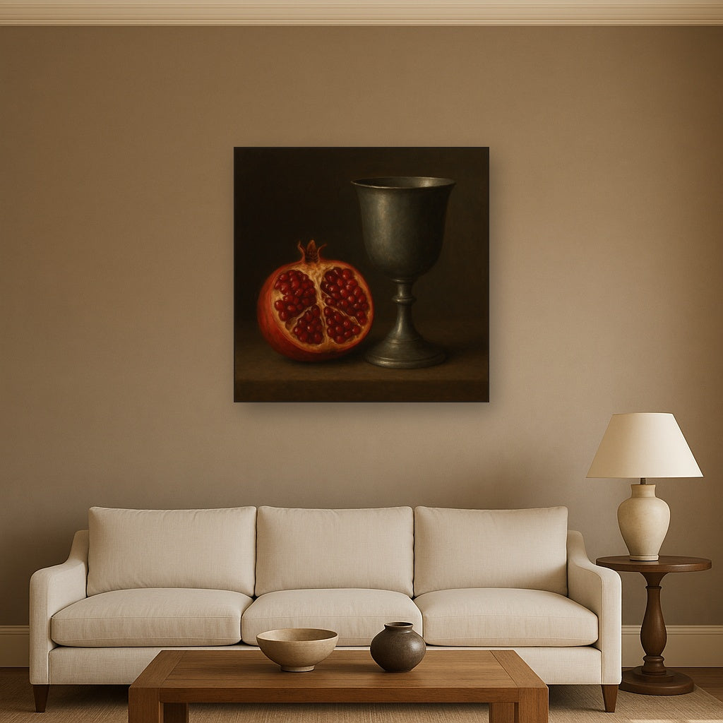 Pomegranate & Vintage Pewter Goblet No. 8 Oil Painting - View 2
