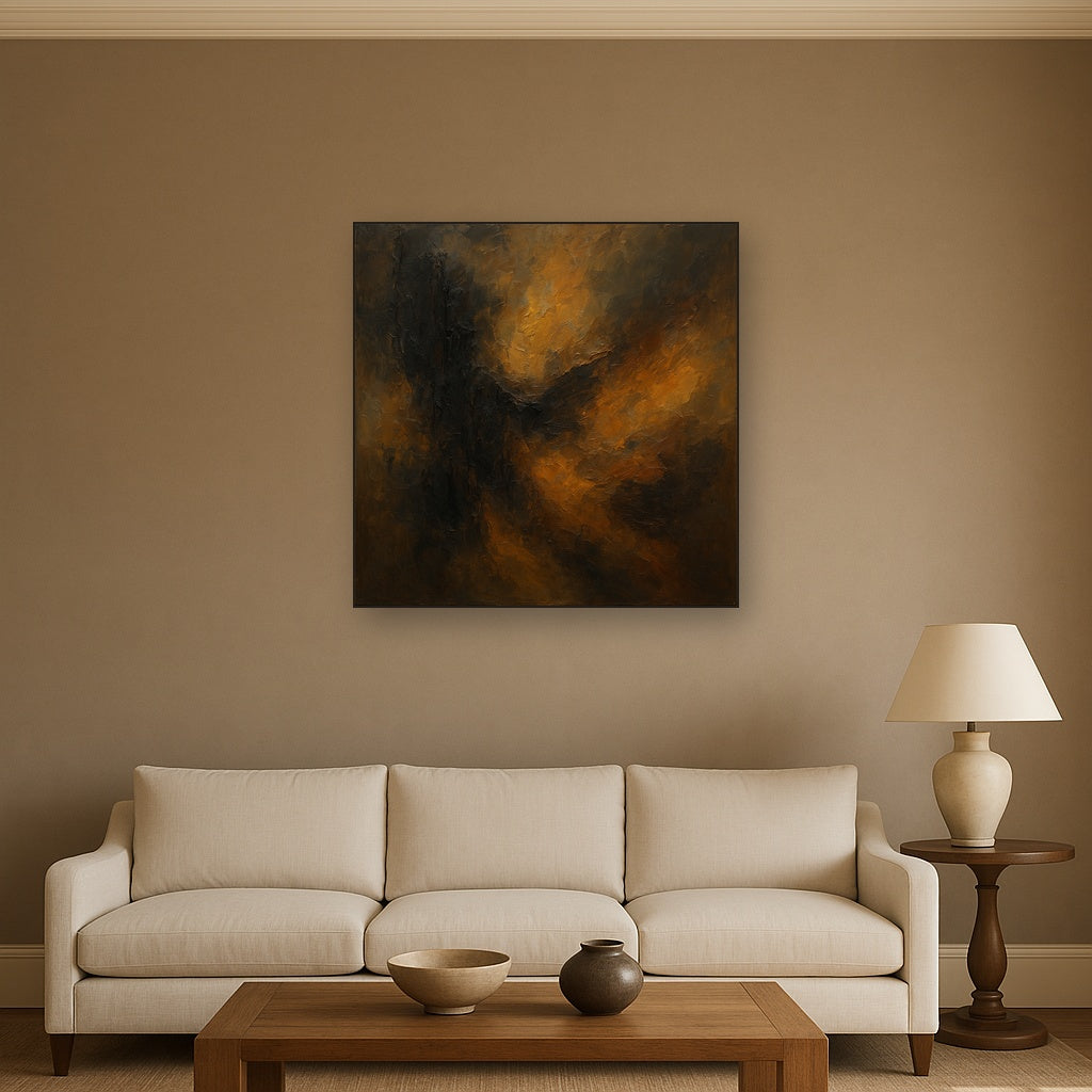 Smoky Topaz & Charred Wood Abstract Oil Painting - Styled in Modern Living Room