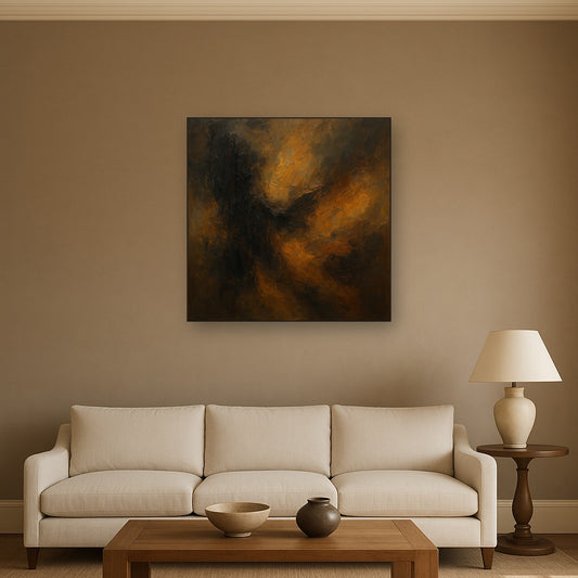 Smoky Topaz & Charred Wood Abstract Oil Painting - Styled in Modern Living Room