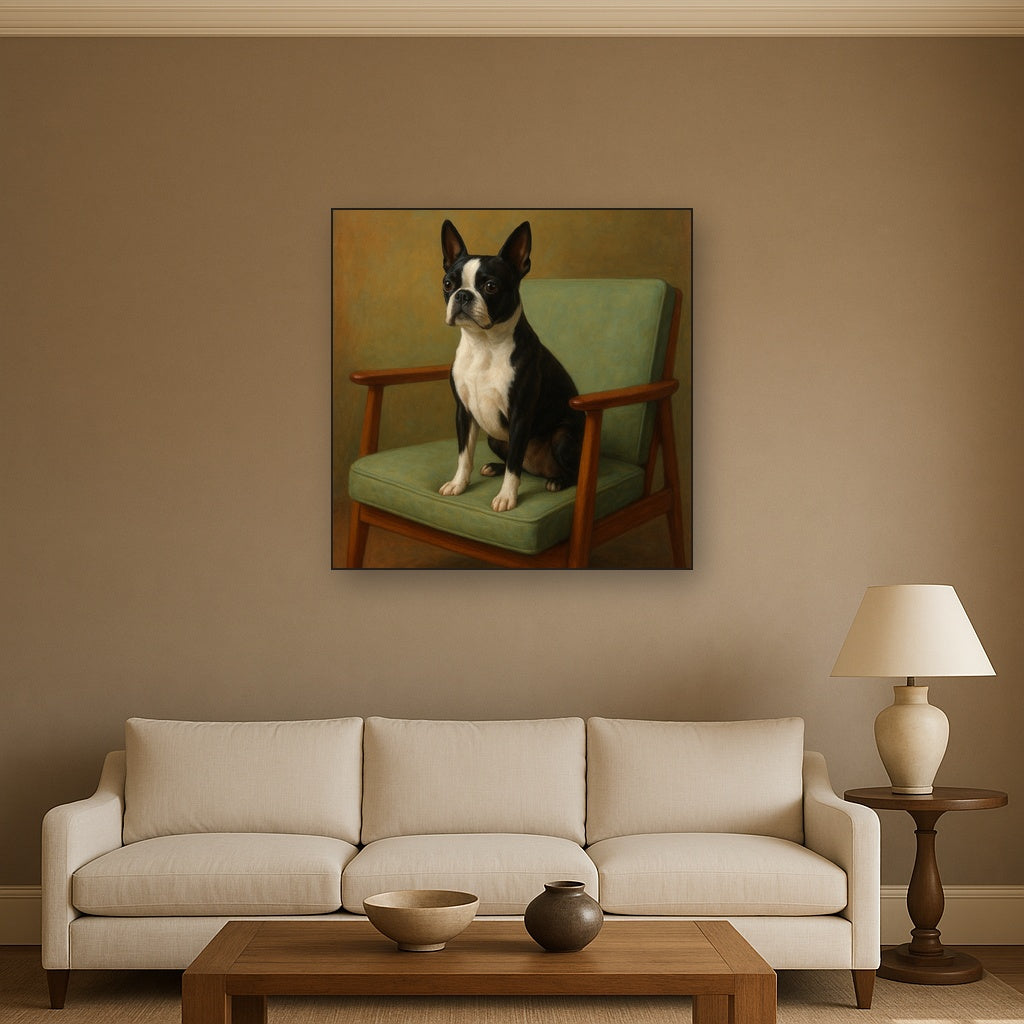 Boston Terrier in Warm Mid-Century Armchair No. 2 Fine Art Oil Painting - View 2