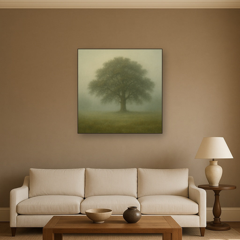 Ancient Solitary Oak in Morning Fog No. 6 Oil Painting - View 2