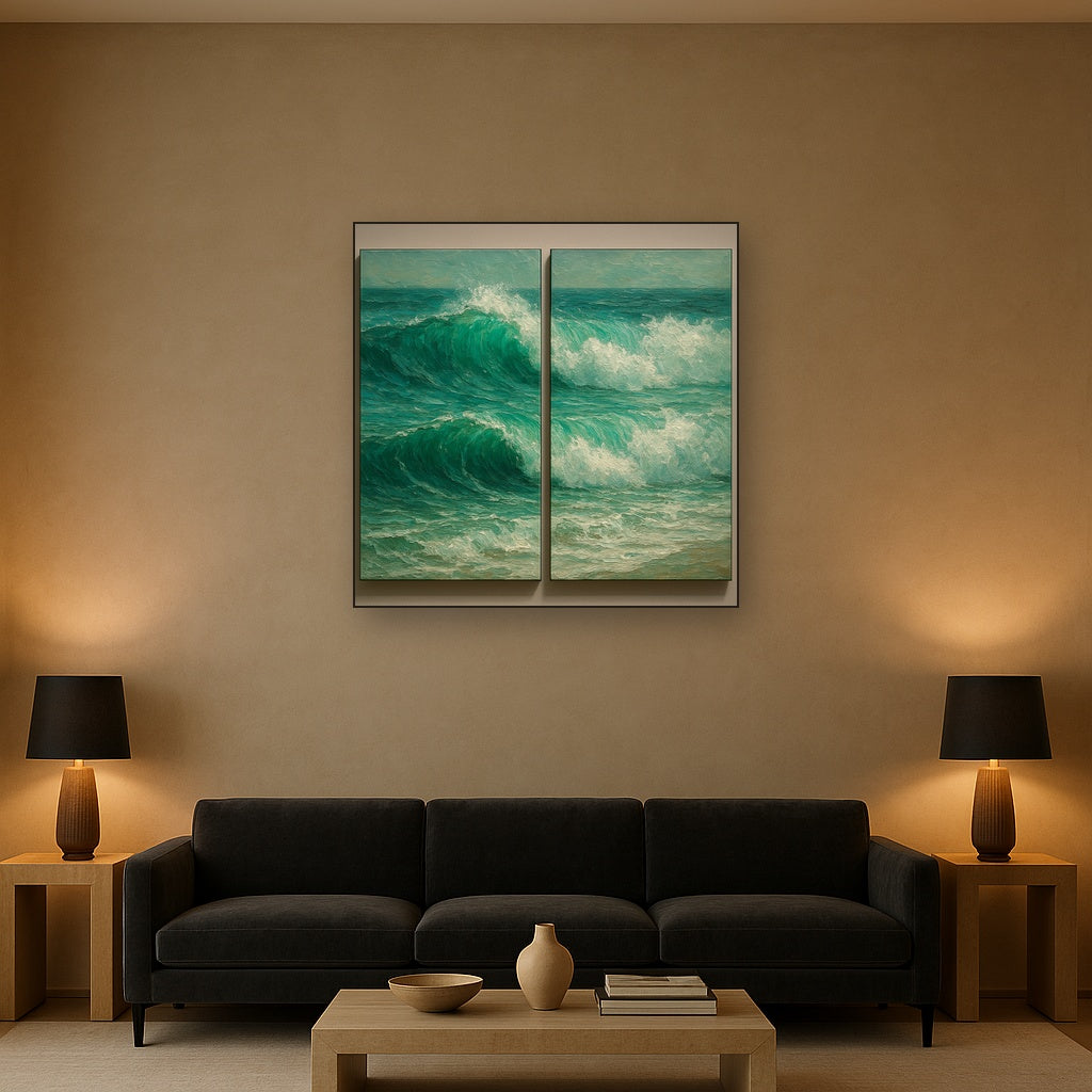 Emerald Swell Split-Panel Seascape Oil Painting - Styled in Modern Living Room