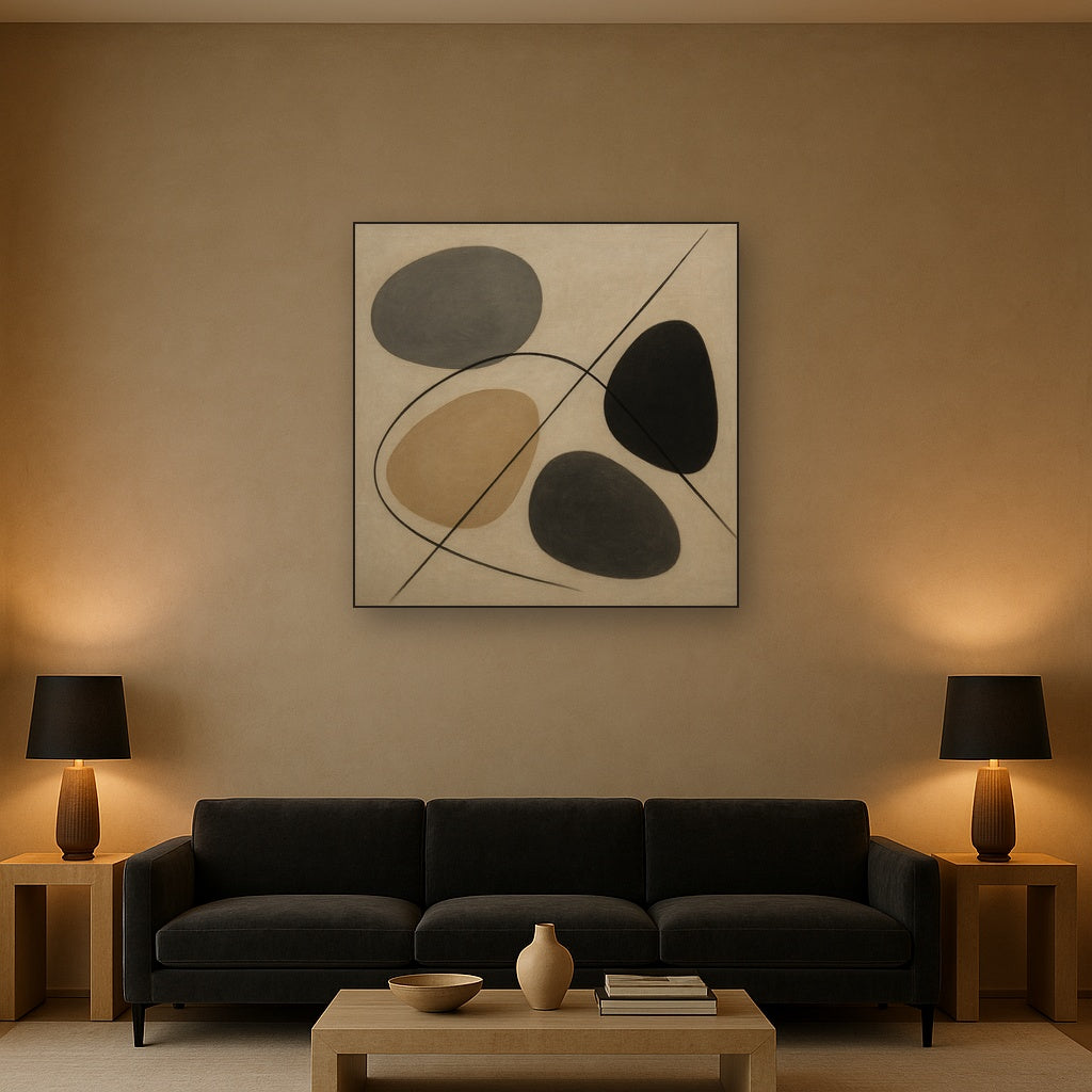 Organic Pebble Contours & Slanted Lines No. 10 Oil Painting Staged Above Sectional Sofa in Living Room, Hand Painted Canvas Wall Art for Home Decor