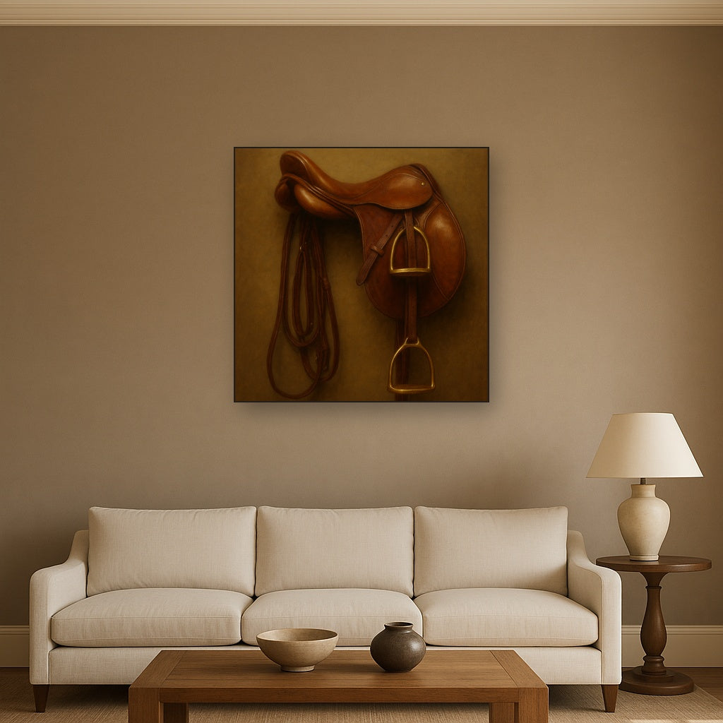 Vintage Bridle & Polished Leather Saddle No. 3 Oil Painting Staged Above Sectional Sofa in Living Room, Hand Painted Canvas Wall Art for Home Decor