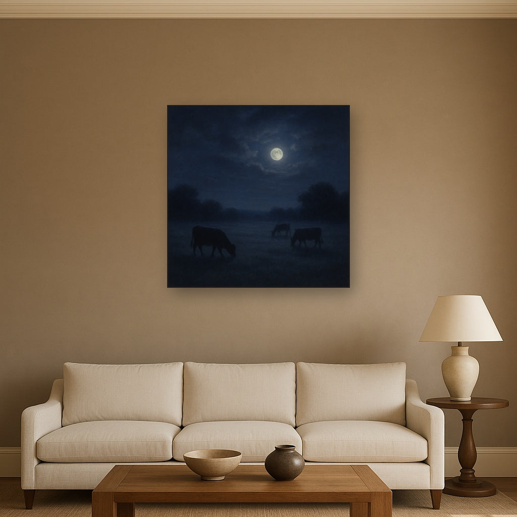 Moonlit Pastoral Meadow & Cattle Silhouettes No. 3 Oil Painting - View 2