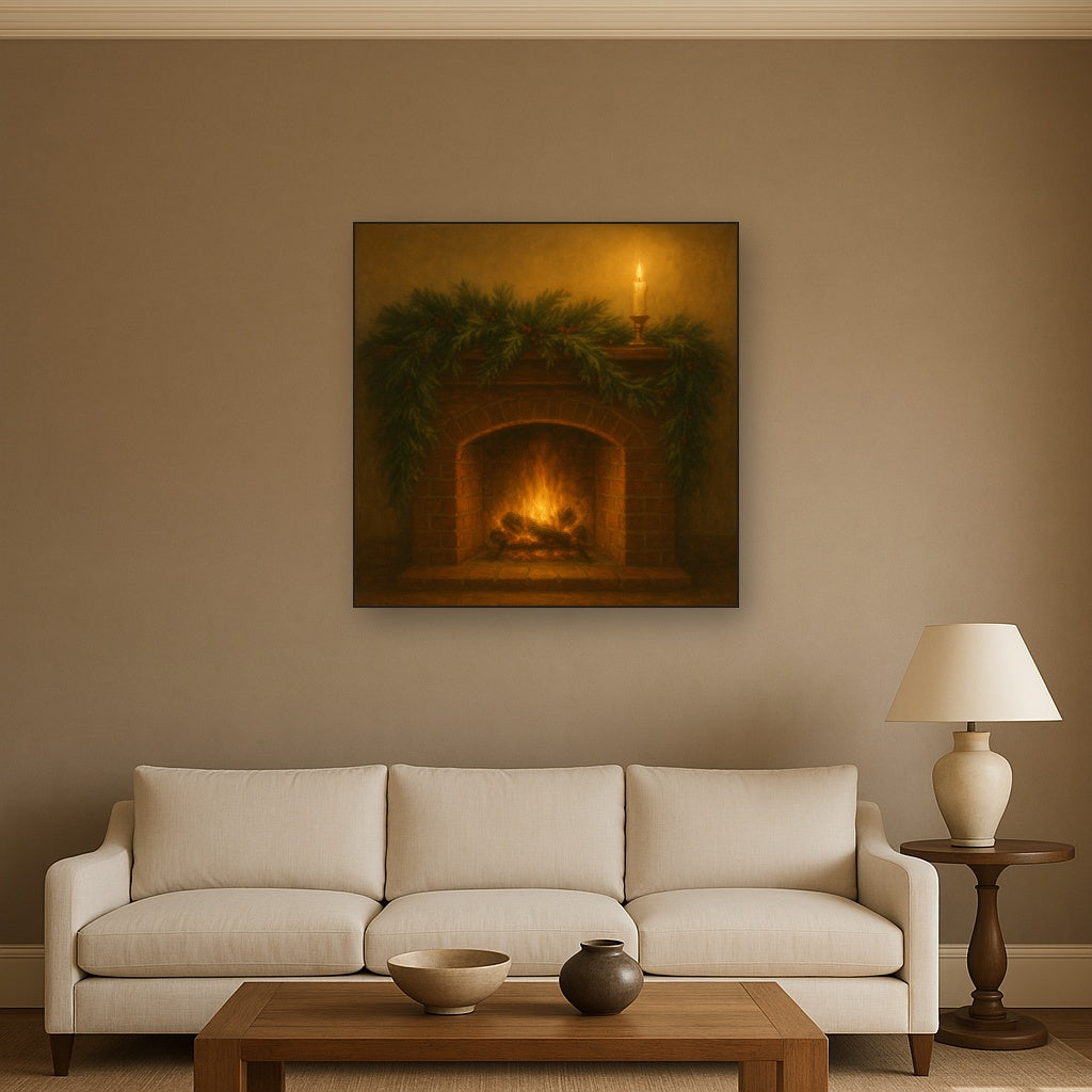 Vintage Fireside Hearth & Cedar Garlands No. 5 Oil Painting Staged Above Sectional Sofa in Living Room, Hand Painted Canvas Wall Art for Home Decor