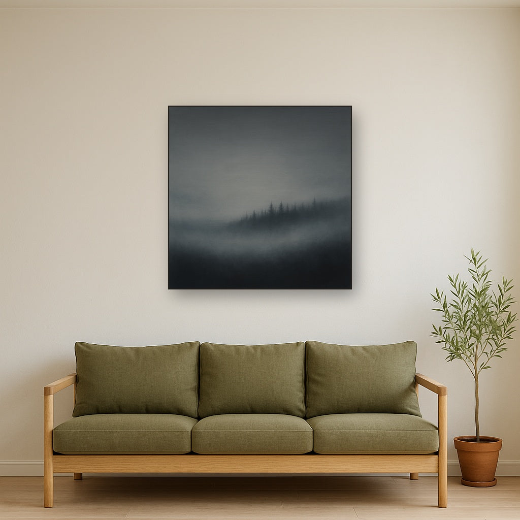 Dusk over Silent Pine Ridgeline in Charcoal Fog No. 11 Oil Painting Staged Above Sectional Sofa in Living Room, Hand Painted Canvas Wall Art for Home Decor