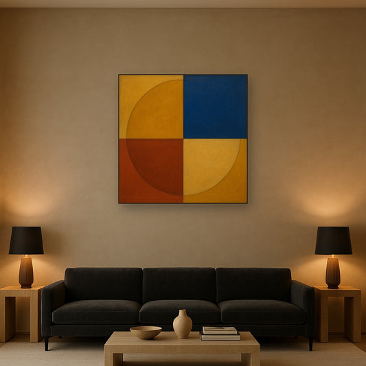 Bauhaus Quadrant Harmony in Primary Earth Tones No. 13 Oil Painting Staged Above Sectional Sofa in Living Room, Hand Painted Canvas Wall Art for Home Decor