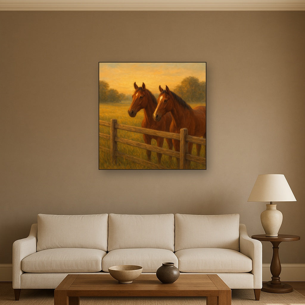 Two Horses at Rustic Post & Rail Fence No. 20 Oil Painting - View 2