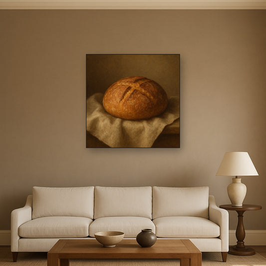 Artisan Sourdough Boule & Linen Drapery No. 8 Oil Painting Staged Above Sectional Sofa in Living Room, Hand Painted Canvas Wall Art for Home Decor
