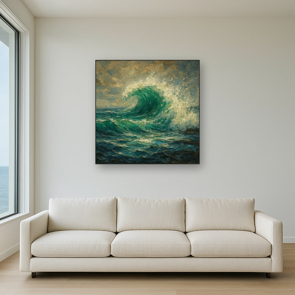 Emerald Surf Surge Coastal Oil Painting - Styled in Modern Living Room
