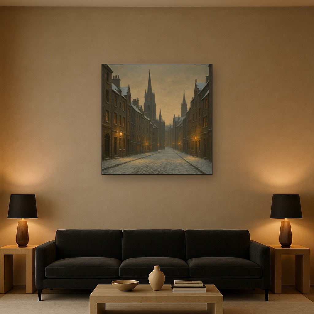 Edinburgh Old Town Royal Mile in Snow No. 7 Oil Painting - View 2