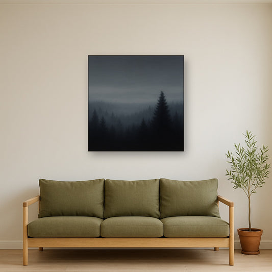 Dusk over Silent Pine Ridgeline in Charcoal Fog No. 3 Oil Painting Staged Above Sectional Sofa in Living Room, Hand Painted Canvas Wall Art for Home Decor