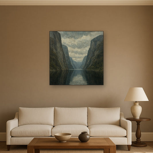 Nordic Fjord Reflections Landscape Oil Painting - Styled in Modern Living Room