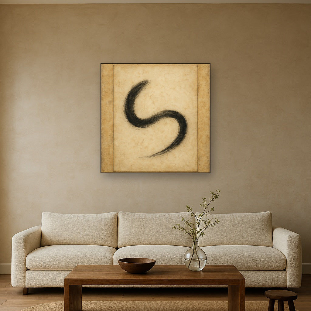 Aged Rice Paper & Charcoal Calligraphic Balance No. 30 Oil Painting - View 2