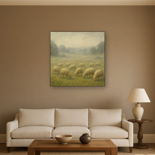 Pastoral Grazing Flock at Morning Mist No. 4 Oil Painting - Styled in Modern Living Room