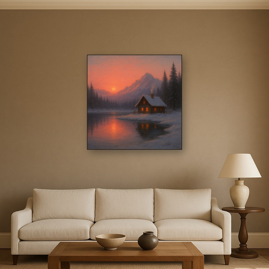 Winter Solstice Mountain Cabin Reflection No. 3 Oil Painting - View 2