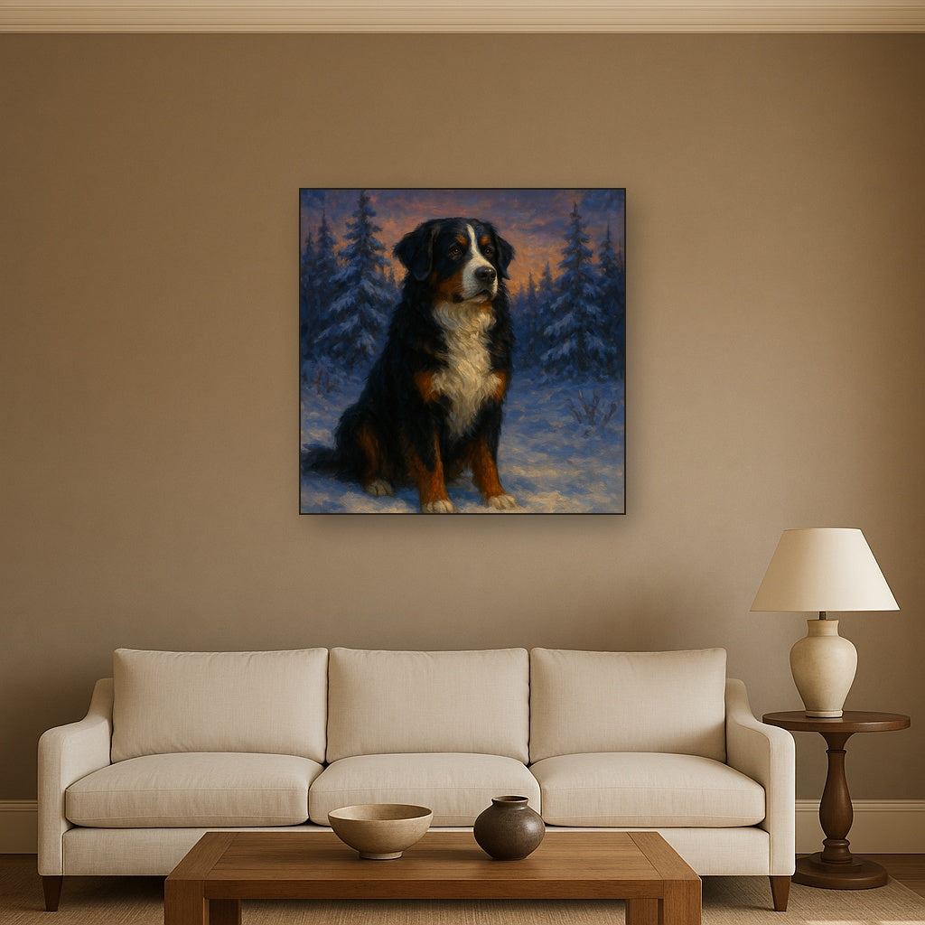 Bernese Mountain Dog in Winter Snowscape No. 2 Fine Art Oil Painting - View 2