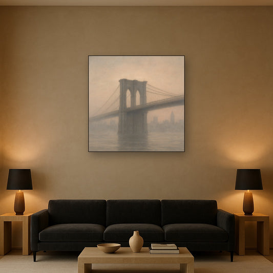 Brooklyn Bridge in Morning River Mist No. 15 Oil Painting Staged Above Sectional Sofa in Living Room, Hand Painted Canvas Wall Art for Home Decor