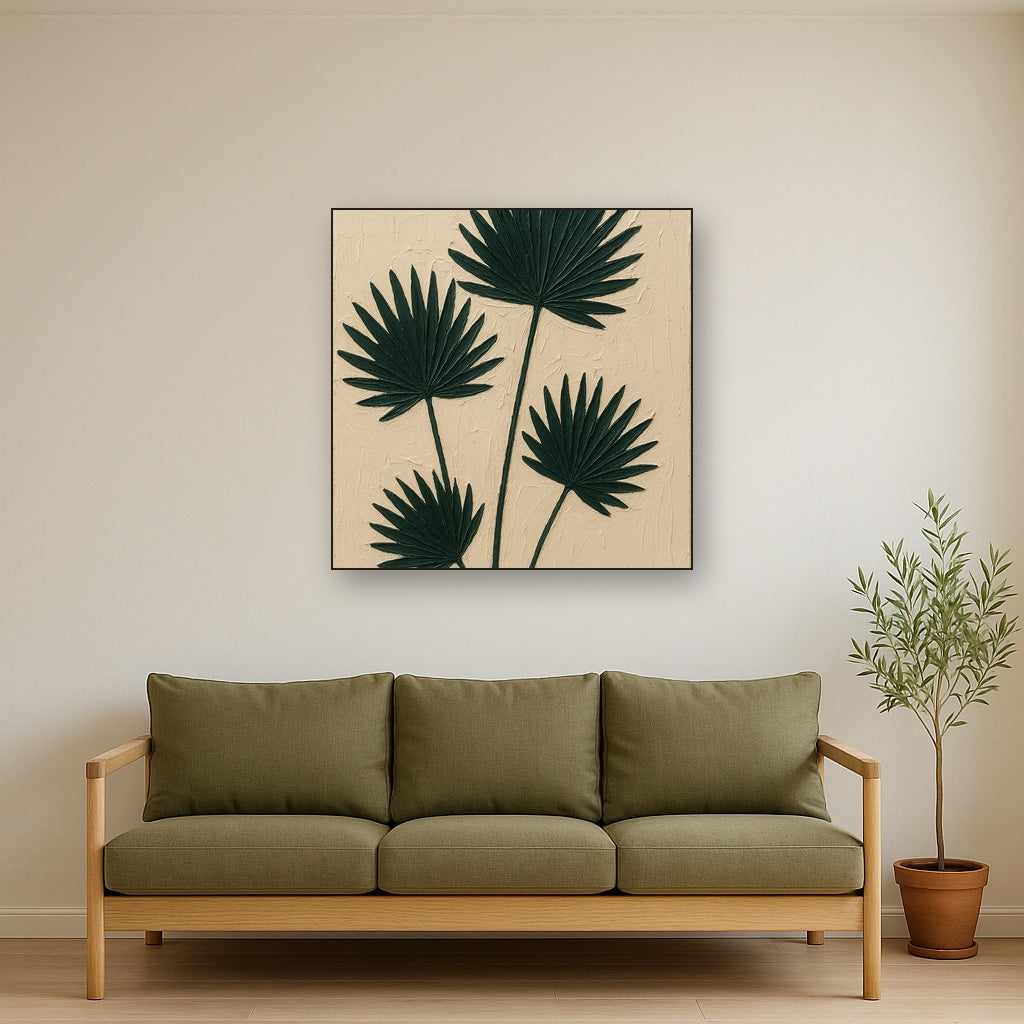Sculptural Palm Fronds Botanical Oil Painting - Styled in Modern Living Room