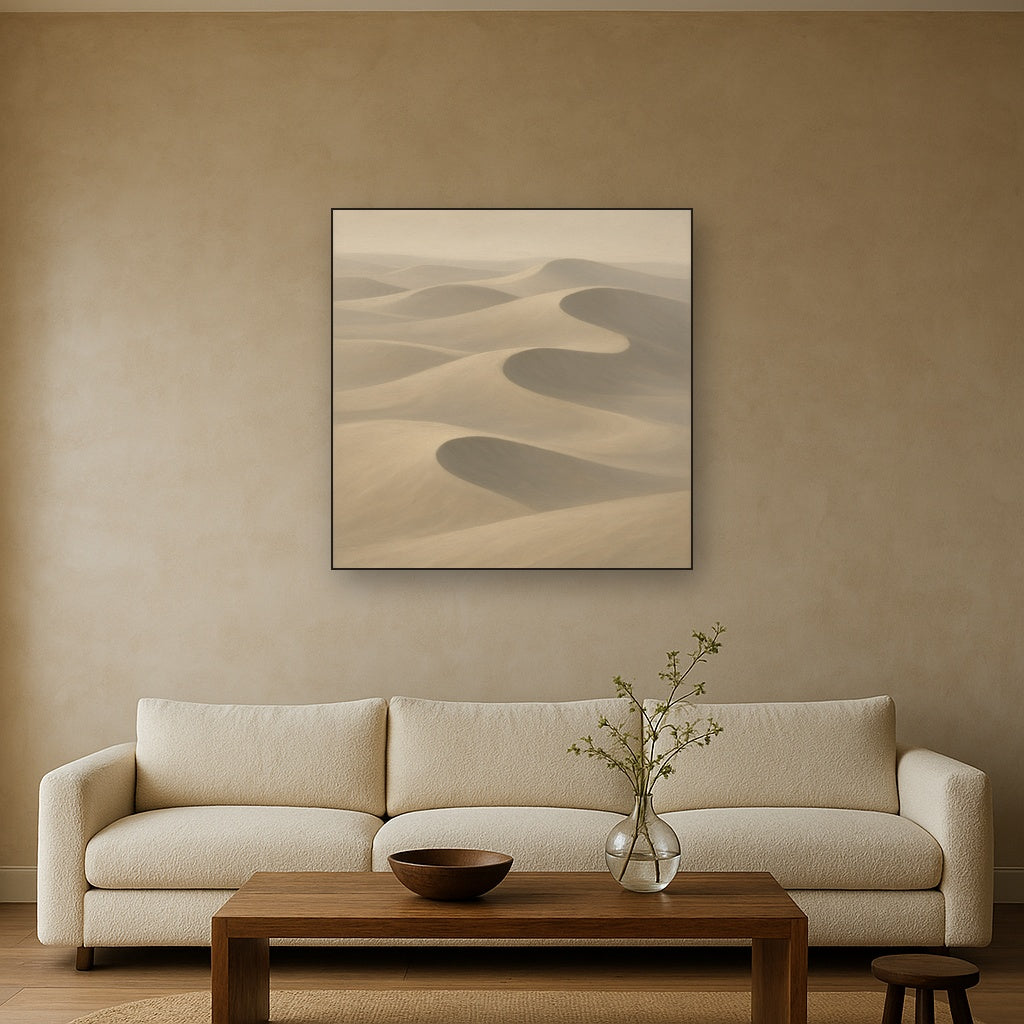 Monochrome Sand Dune Contours & Pale Slate No. 11 Oil Painting Staged Above Sectional Sofa in Living Room, Hand Painted Canvas Wall Art for Home Decor