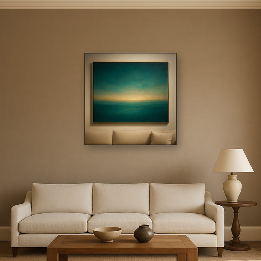 Peacock Teal & Champagne Gold Horizon No. 4 Oil Painting Staged Above Sectional Sofa in Living Room, Hand Painted Canvas Wall Art for Home Decor
