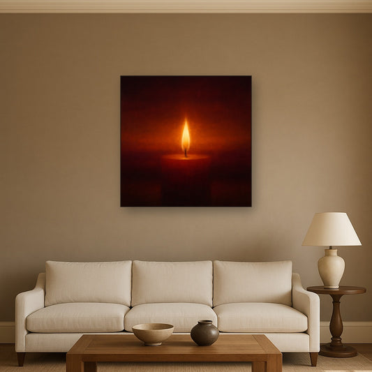 Deep Garnet & Amber Candlelight Horizon No. 15 Oil Painting Staged Above Sectional Sofa in Living Room, Hand Painted Canvas Wall Art for Home Decor