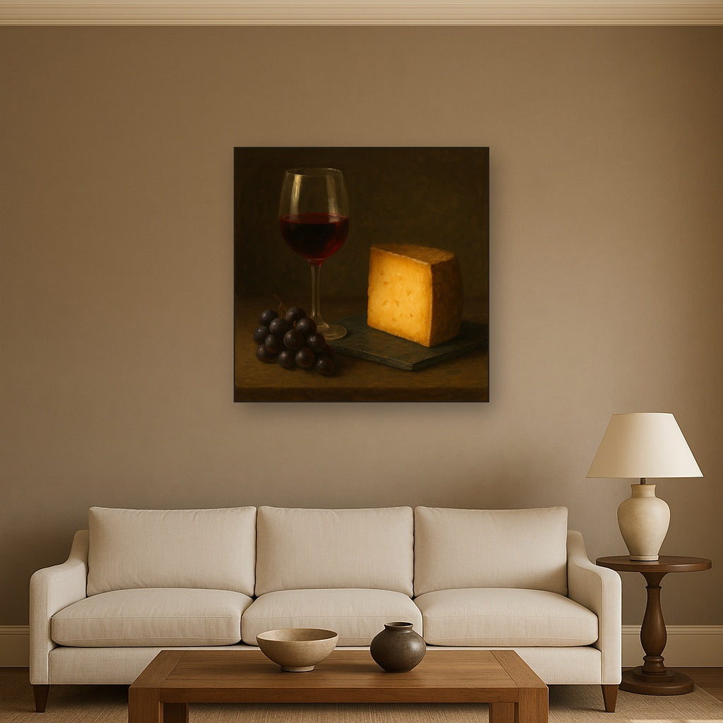 Burgundy Wine Glass & Aged Cheese Board No. 9 Oil Painting - View 2