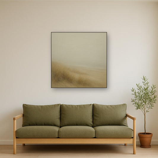 Silent Dune Grass in November Sea Fog No. 25 Oil Painting Staged Above Sectional Sofa in Living Room, Hand Painted Canvas Wall Art for Home Decor