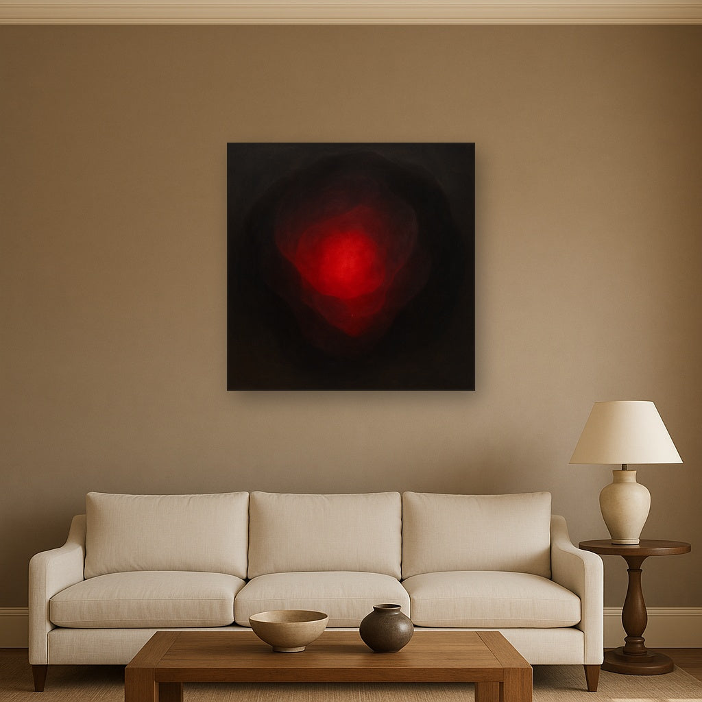 Smoky Ruby & Warm Obsidian Veils No. 9 Oil Painting Staged Above Sectional Sofa in Living Room, Hand Painted Canvas Wall Art for Home Decor