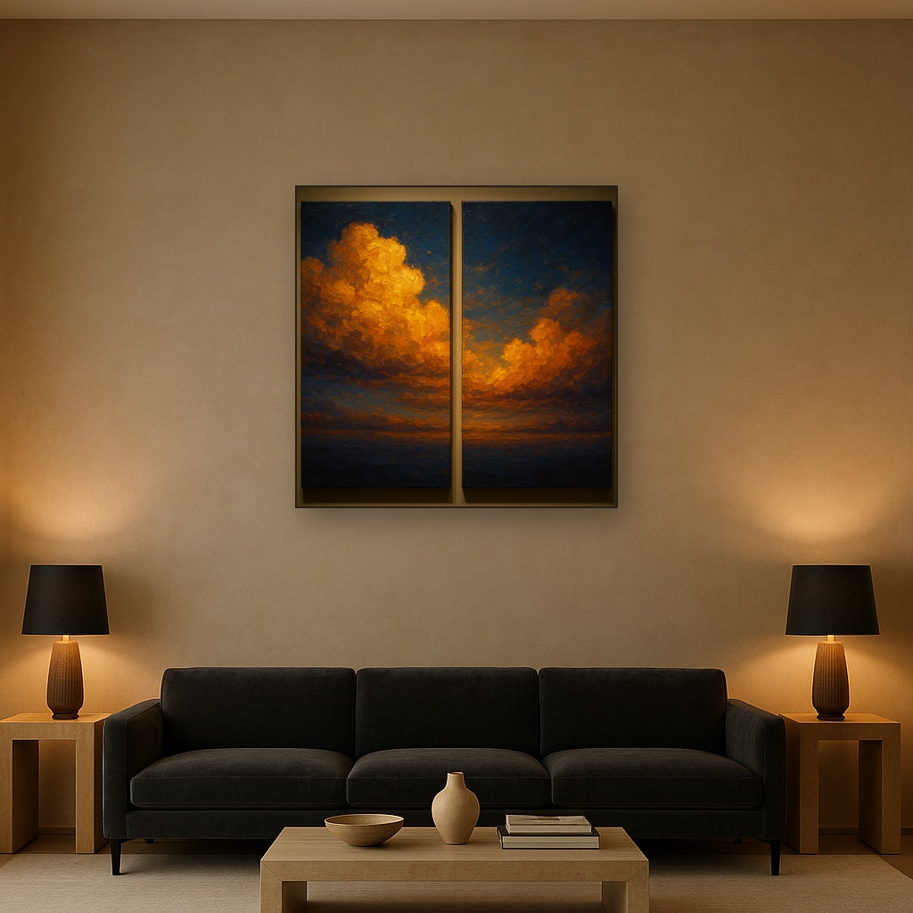 Luminescent Twilight Cloud Diptych No. 2 Oil Painting - Styled in Modern Living Room