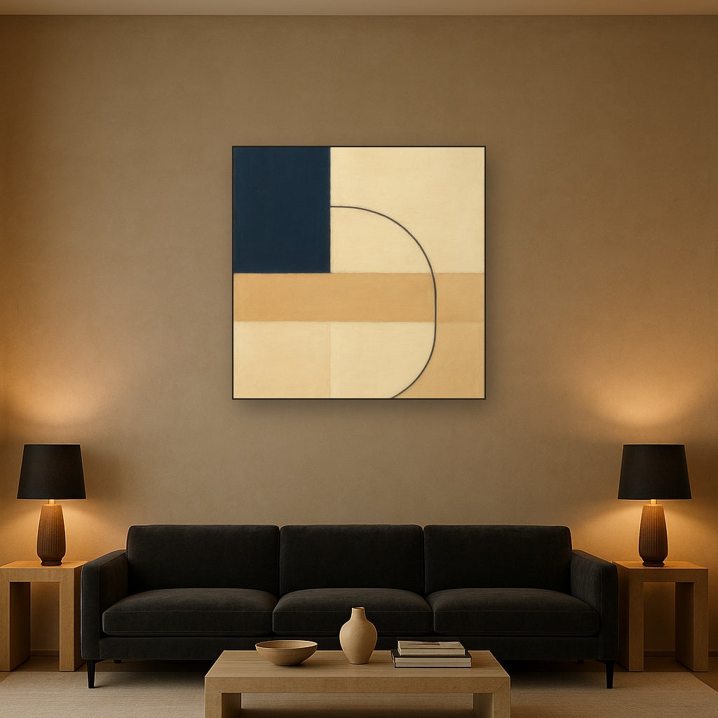 Navy & Warm Beige Geometric Line Balance No. 14 Fine Art Oil Painting - View 2