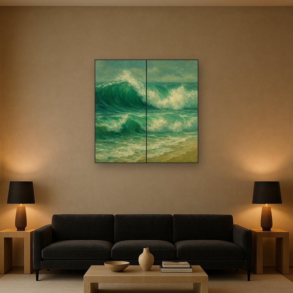 Emerald Swell Split-Panel Seascape No. 3 Oil Painting - Styled in Modern Living Room