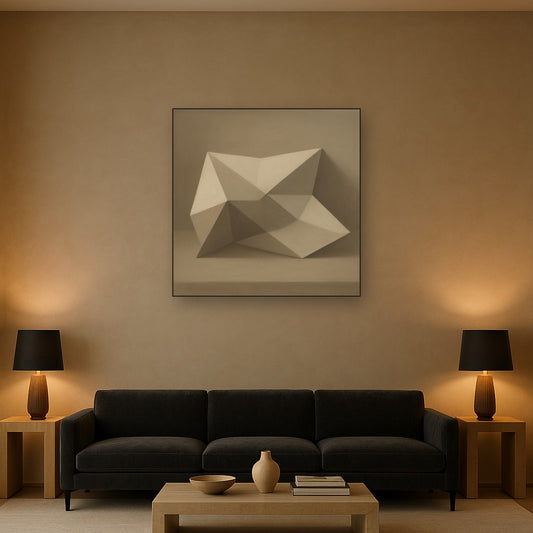 Folded Paper Geometry in Neutral Gradient Shadows No. 19 Oil Painting Staged Above Sectional Sofa in Living Room, Hand Painted Canvas Wall Art for Home Decor