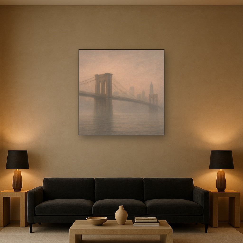 Brooklyn Bridge in Morning River Mist No. 24 Oil Painting Staged Above Sectional Sofa in Living Room, Hand Painted Canvas Wall Art for Home Decor