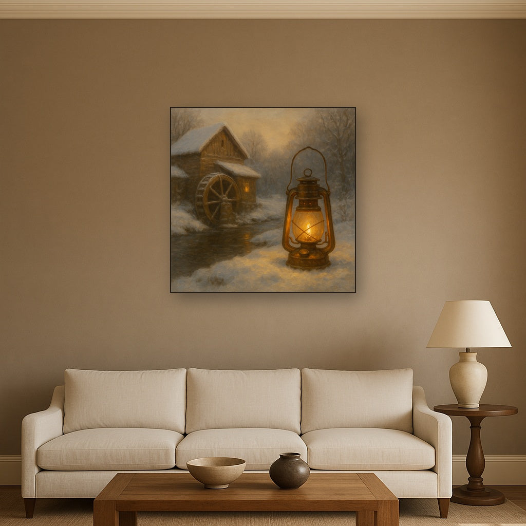 Snowy Mill Stream & Glowing Lantern No. 3 Oil Painting - View 2