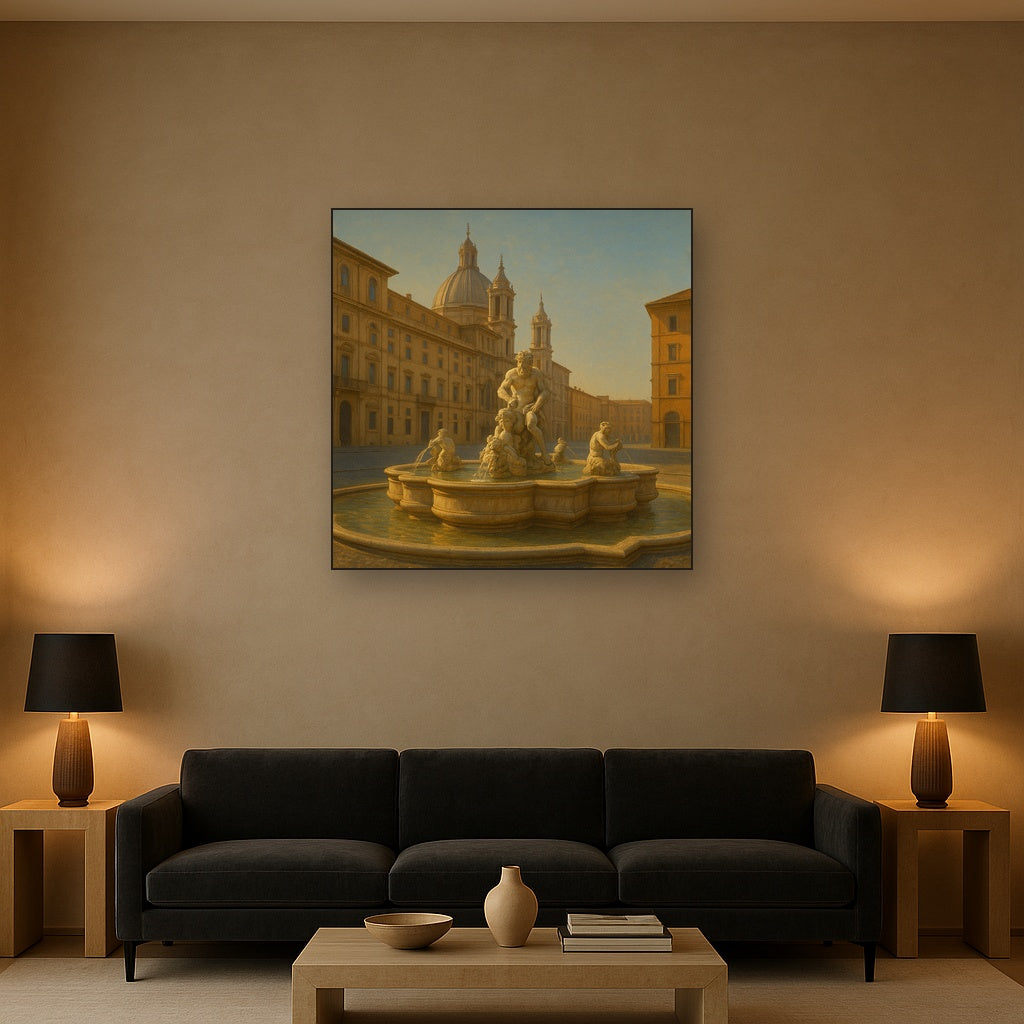 Rome Piazza Fountain in Morning Sunlight No. 2 Oil Painting - View 2