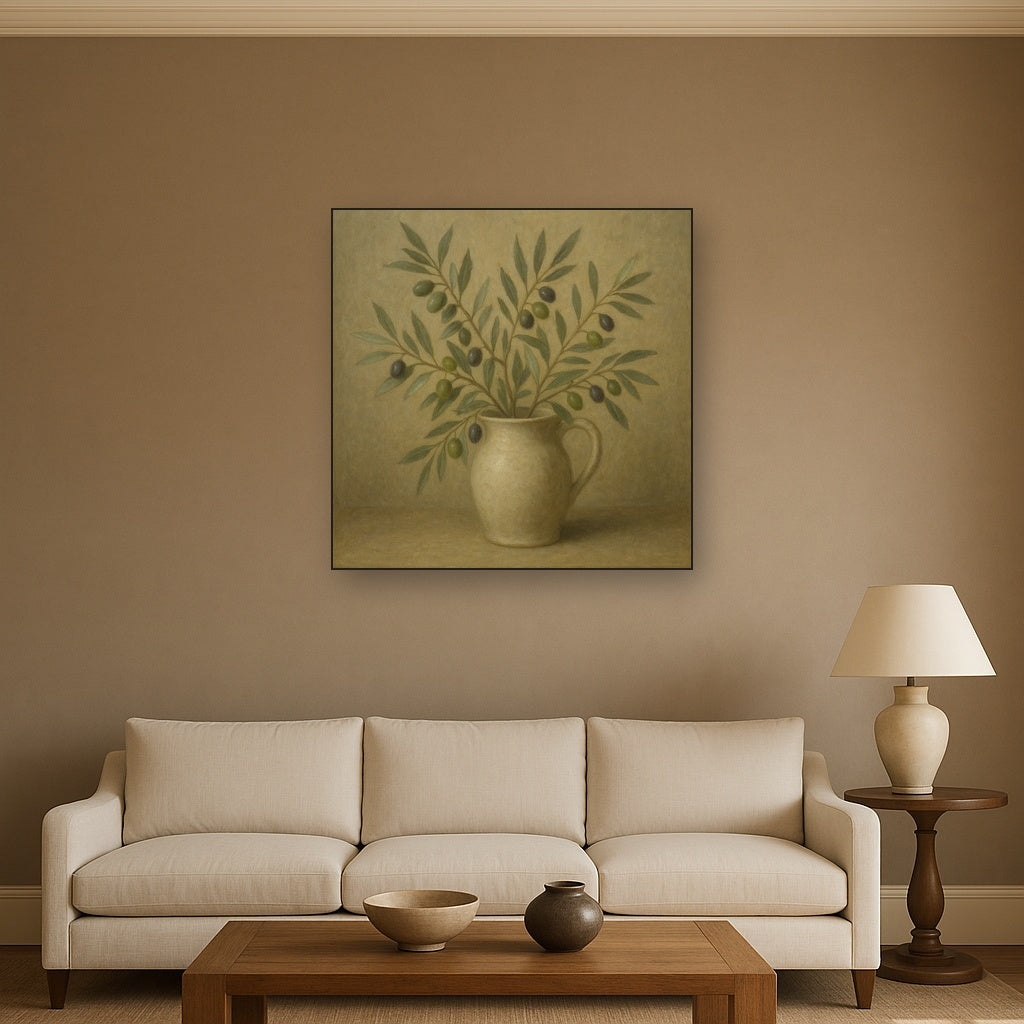 Wild Olive Sprigs in Stoneware Pitcher Oil Painting - View 2