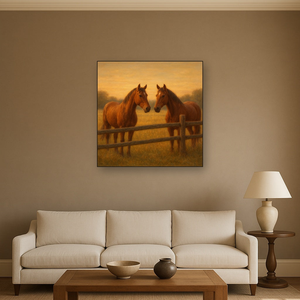 Two Horses at Rustic Post & Rail Fence No. 5 Oil Painting Staged Above Sectional Sofa in Living Room, Hand Painted Canvas Wall Art for Home Decor