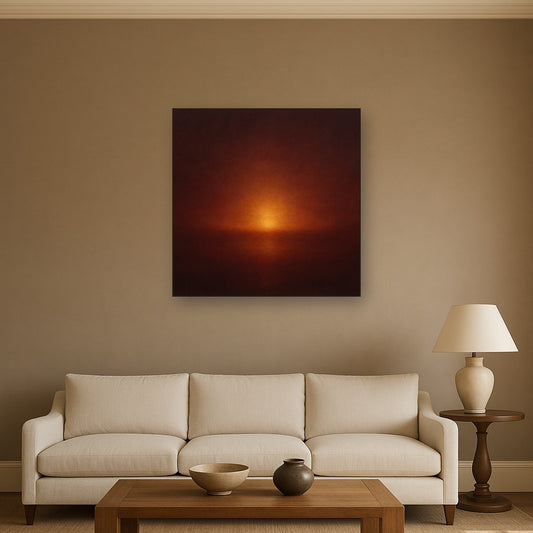 Deep Garnet & Amber Candlelight Horizon No. 9 Oil Painting Staged Above Sectional Sofa in Living Room, Hand Painted Canvas Wall Art for Home Decor