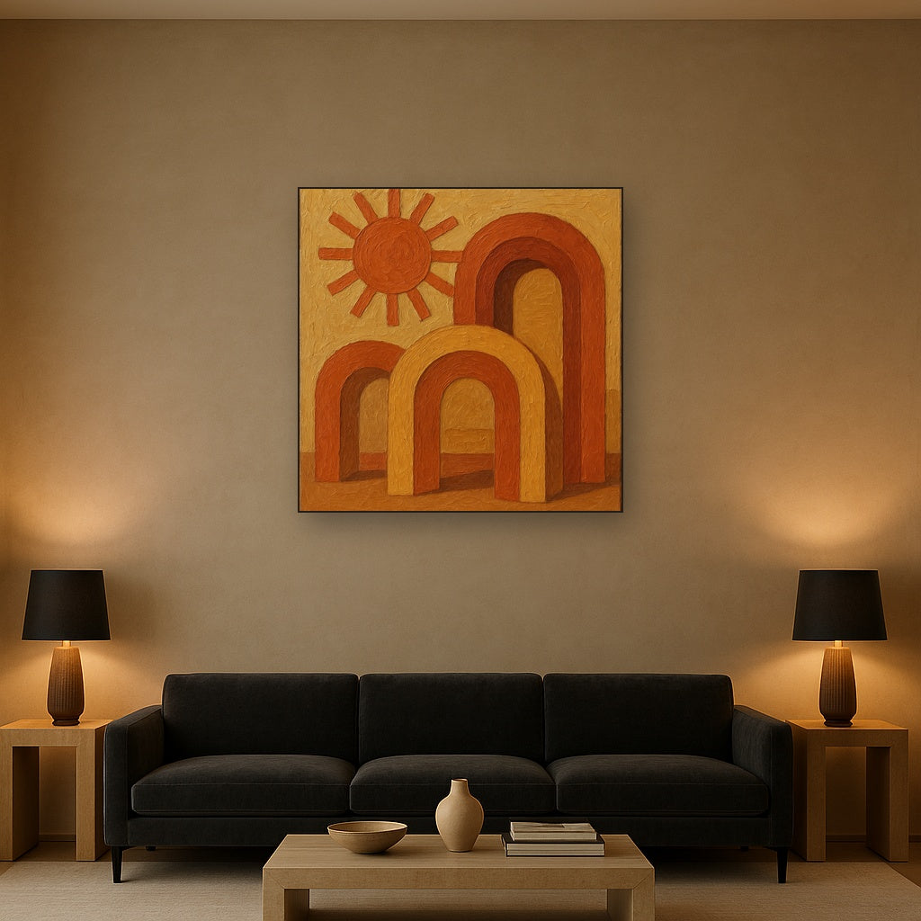 Mid-Century Terracotta Sun & Arches No. 2 Oil Painting - Styled in Modern Living Room